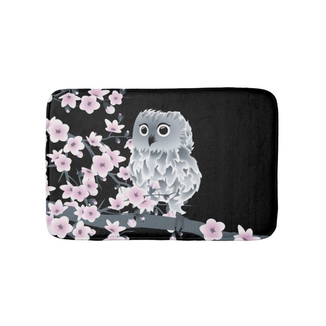 Cute Owl Cherry Blossoms Black Pink Bath Mat (Front)