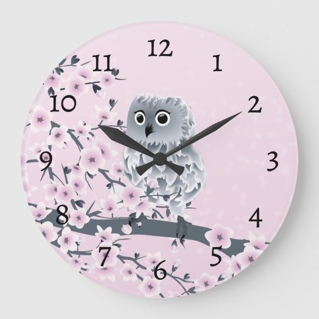 Cute Owl Cherry Blossoms Pink Numbers Large Clock (Front)