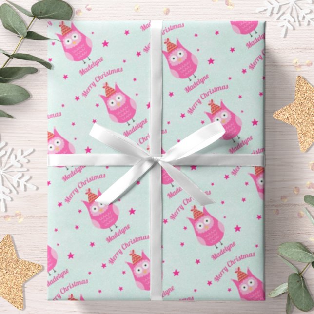 Cute Owl Christmas Pink Snow Stars Personalised Wrapping Paper (Creator Uploaded)