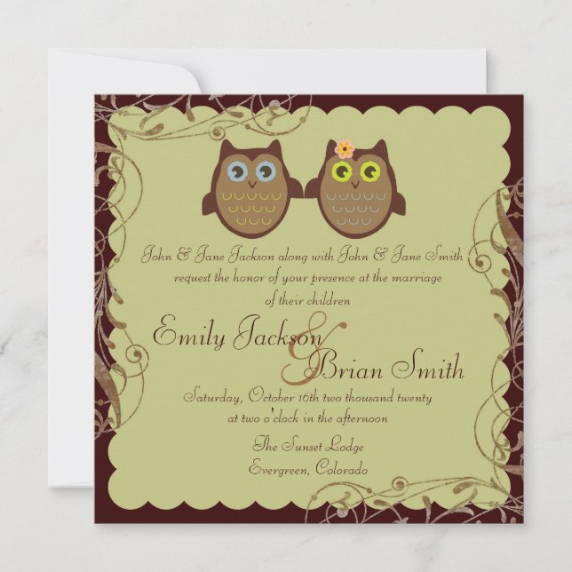 Cute owl couple brown theme wedding invitations (Front)