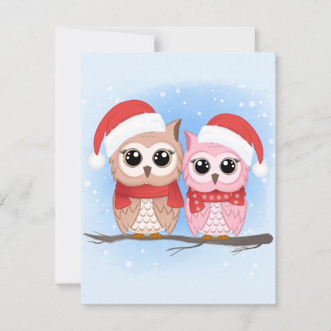 Cute Owl Couple in Watercolor Style Holiday Card (Front)