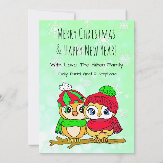 Cute Owl Couple on Tree Branch Christmas Holiday Card (Front)