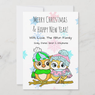 Cute Owl Couple on Tree Branch Christmas Holiday Card