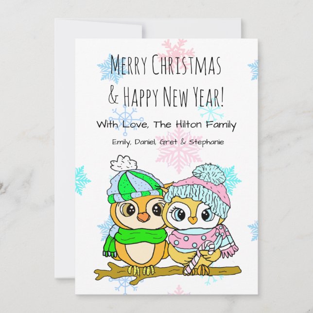 Cute Owl Couple on Tree Branch Christmas Holiday Card (Front)