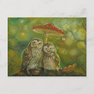 Cute Owl Couple under the Mushroom Postcard