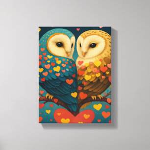 Cute Owl Couple with Hearts Romantic Illustration Canvas Print