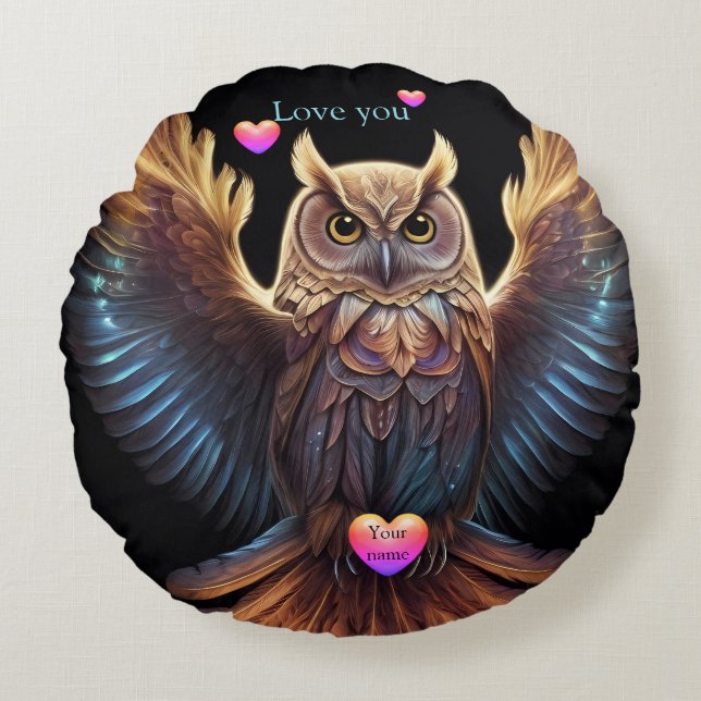 Cute Owl delivers love Hearts Round Cushion (Front)
