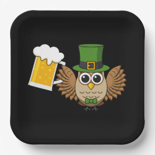 Cute Owl Drinking Beer Funny St Patrick's Day Paper Plate