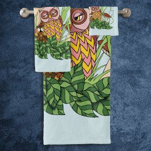 Cute Owl Family Mushroom Rain Bath Towel Set