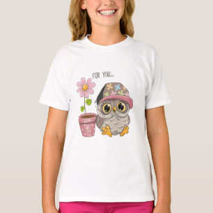 Cute Owl Flower Girls' T-Shirt - Sweet Floral Grap