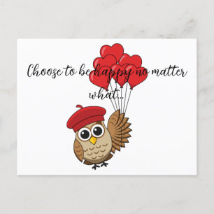 Cute Owl Flying with Heart Balloons Add Text Holiday Postcard