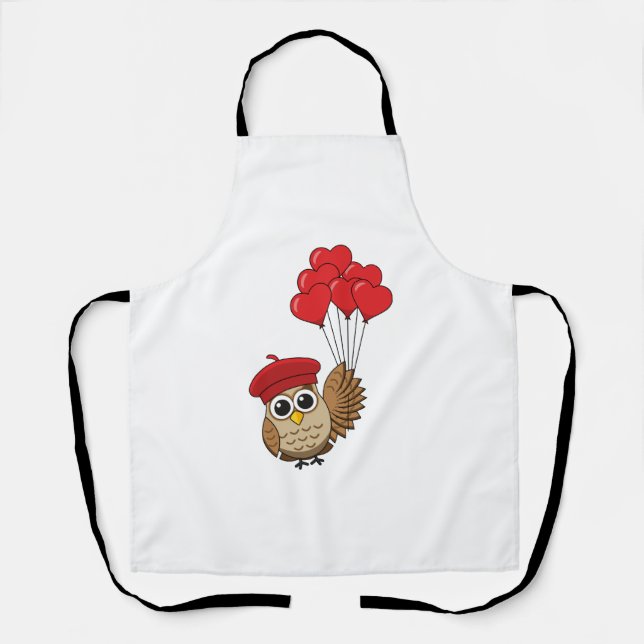 Cute Owl Flying with Heart Balloons Apron (Front)
