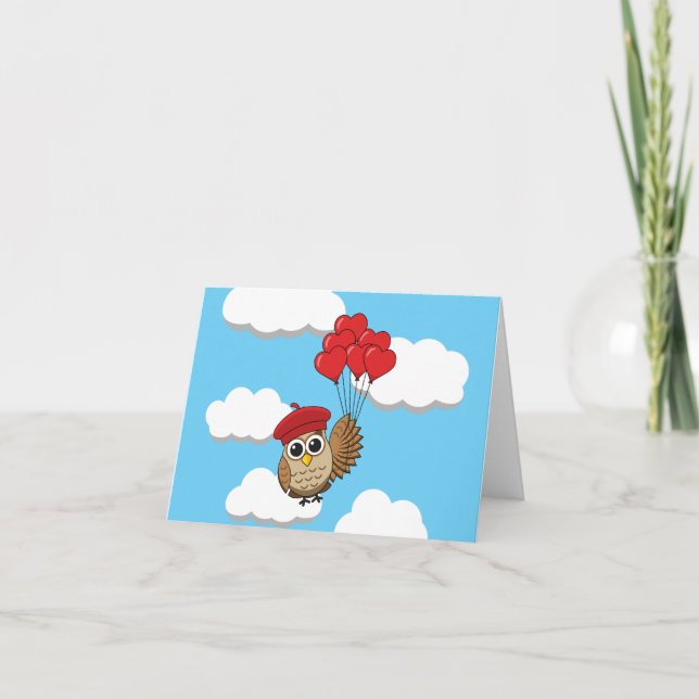 Cute Owl Flying with Heart Balloons Card (Front)
