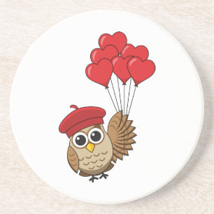 Cute Owl Flying with Heart Balloons Coaster