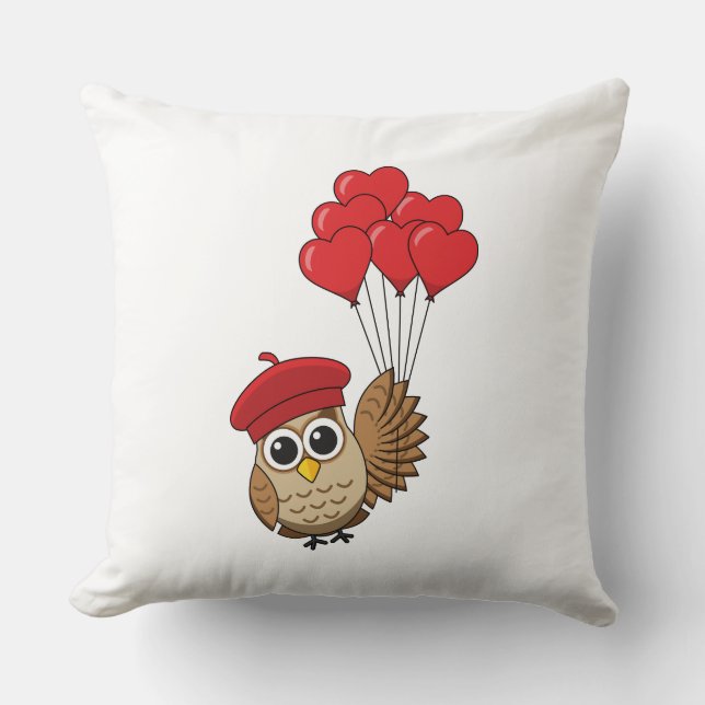 Cute Owl Flying with Heart Balloons Cushion (Front)