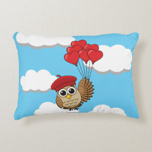 Cute Owl Flying with Heart Balloons Decorative Cushion
