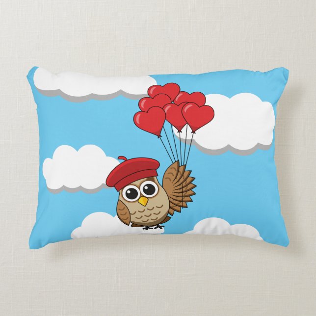 Cute Owl Flying with Heart Balloons Decorative Cushion (Front)