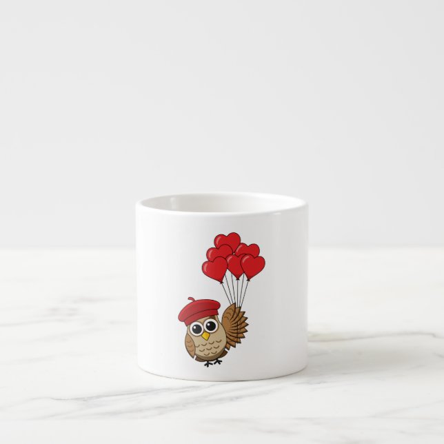 Cute Owl Flying with Heart Balloons Espresso Cup (Front)