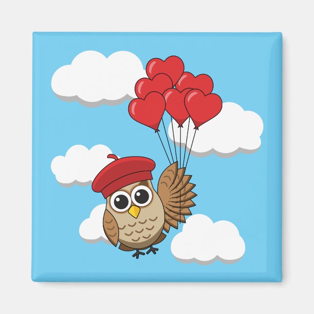 Cute Owl Flying with Heart Balloons Magnet (Front)