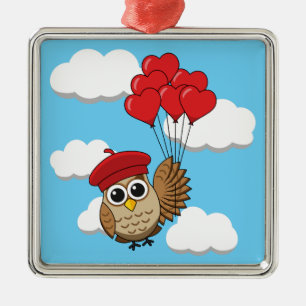 Cute Owl Flying with Heart Balloons Metal Tree Decoration