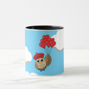 Cute Owl Flying with Heart Balloons Mug