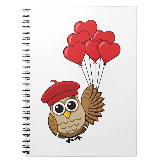 Cute Owl Flying with Heart Balloons Notebook (Front)