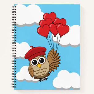 Cute Owl Flying with Heart Balloons Notebook