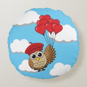 Cute Owl Flying with Heart Balloons Round Cushion