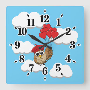 Cute Owl Flying with Heart Balloons Square Wall Clock