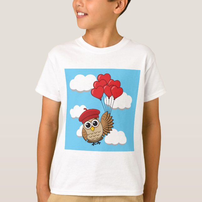 Cute Owl Flying with Heart Balloons T-Shirt (Front)