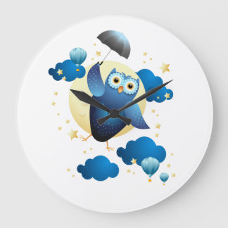 Cute Owl Flying with Umbrella Large Clock