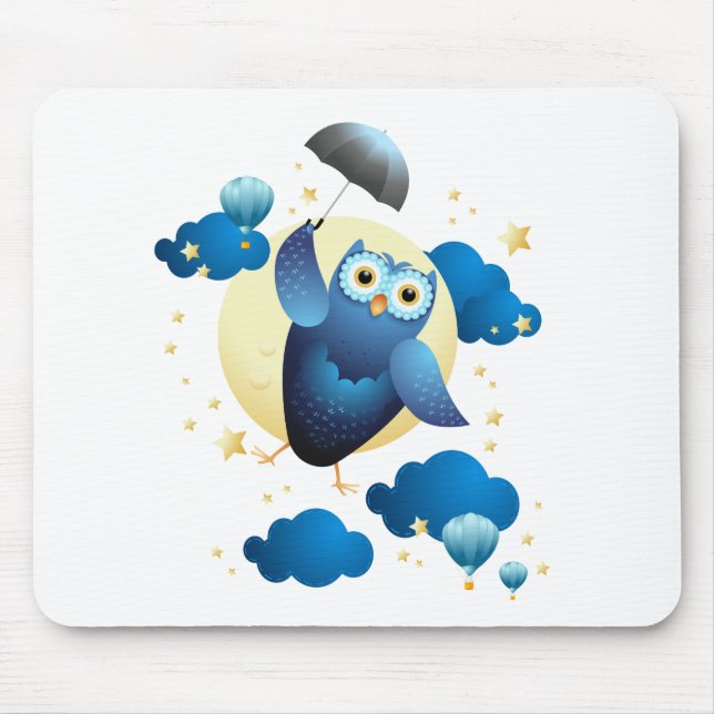 Cute Owl Flying with Umbrella  Mouse Pad (Front)