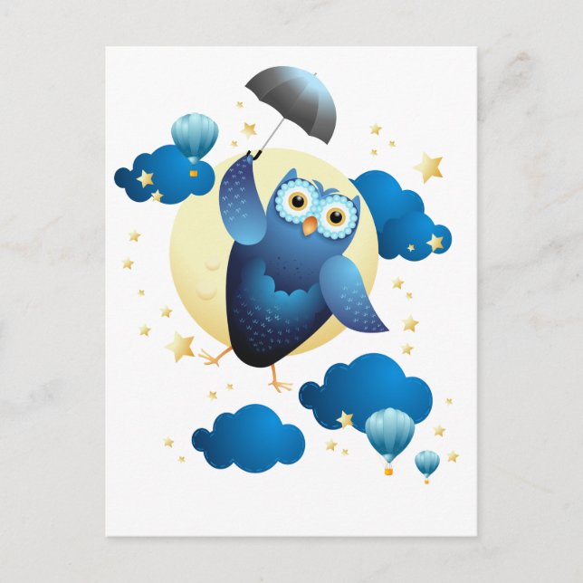 Cute Owl Flying with Umbrella  Postcard (Front)