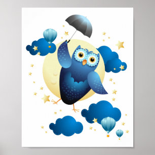 Cute Owl Flying with Umbrella Poster