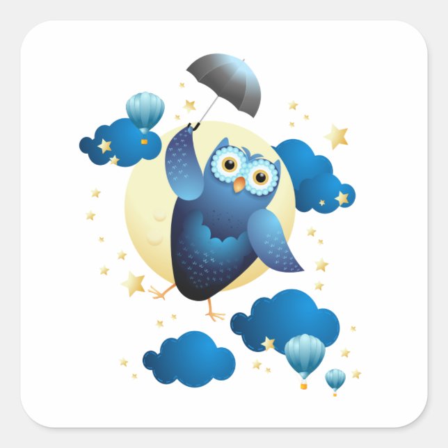 Cute Owl Flying with Umbrella Square Sticker (Front)