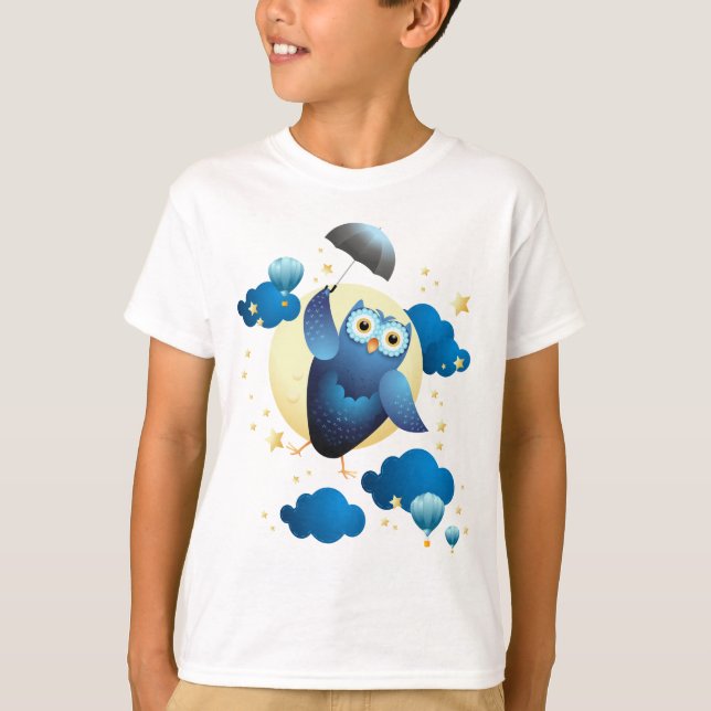 Cute Owl Flying with Umbrella  T-Shirt (Front)