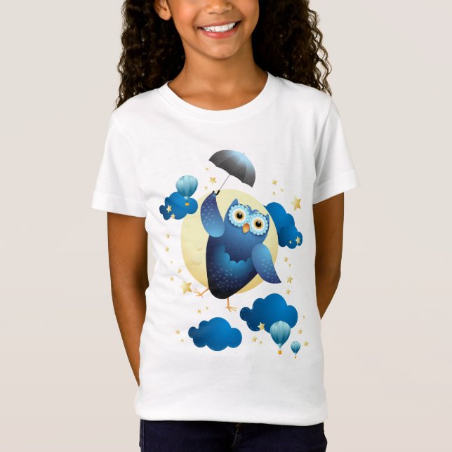 Cute Owl Flying with Umbrella  T-Shirt (Front)