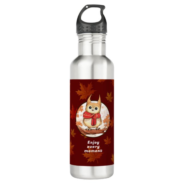 Cute Owl Forest Graphic with maple leafs 710 Ml Water Bottle (Front)