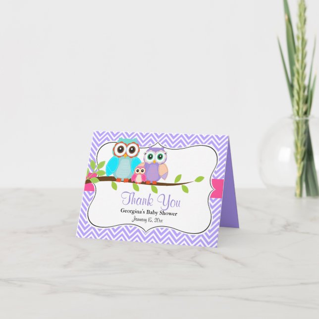 Cute Owl Girl Baby Shower Thank You Card (Front)