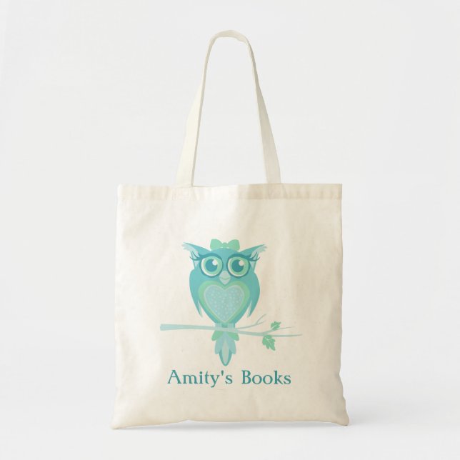 Cute owl girls aqua mint green library bag (Front)