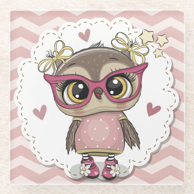 Cute Owl Glass Coaster (Front)
