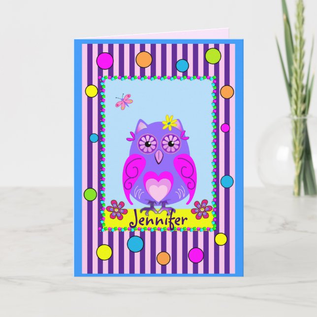 Cute Owl Happy Name & Birthday text Card (Front)