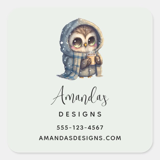 Cute Owl Holding a Coffee Business Square Sticker (Front)