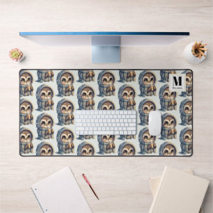 Cute Owl Holding a Coffee Pattern Monogram Desk Mat