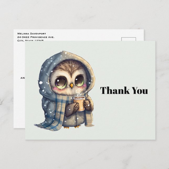 Cute Owl Holding a Coffee Thank You Postcard (Front/Back)