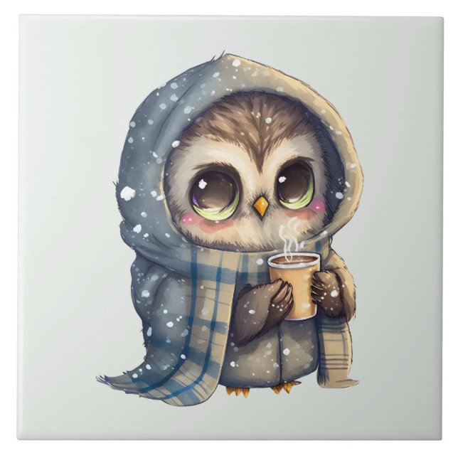 Cute Owl Holding a Coffee Tile (Front)
