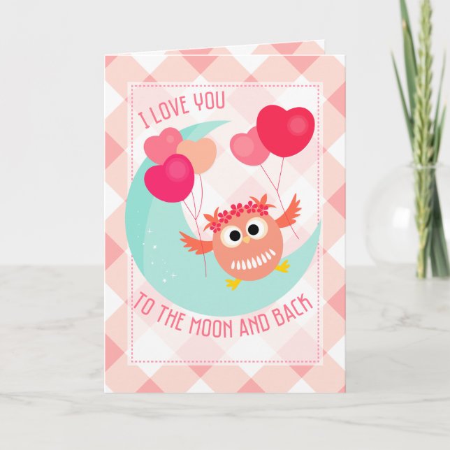 Cute Owl I love You To The Moon and Back Valentine Holiday Card (Front)
