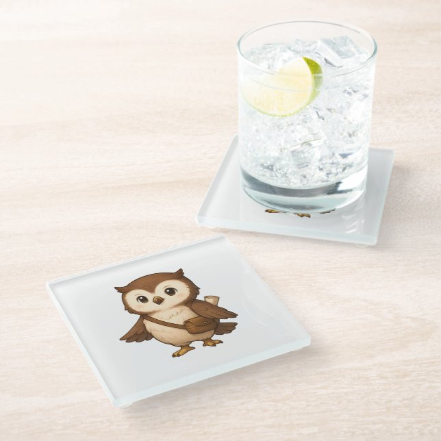 Cute Owl Illustration – Okojo and Friends Illust Glass Coaster (Angled)