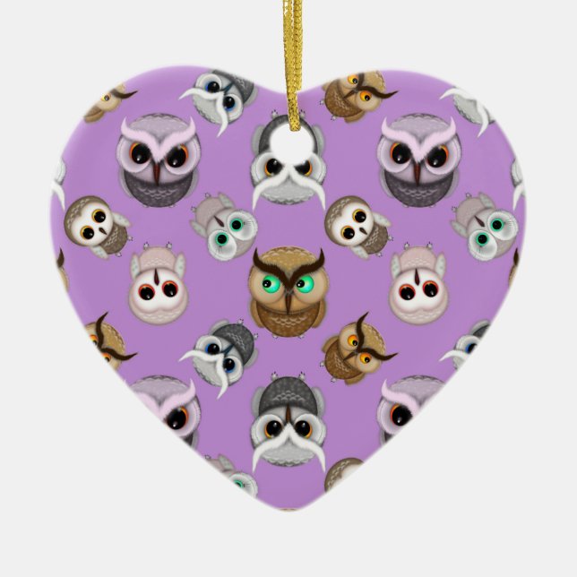 Cute Owl Illustration Pattern on Purple Background Ceramic Tree Decoration (Front)
