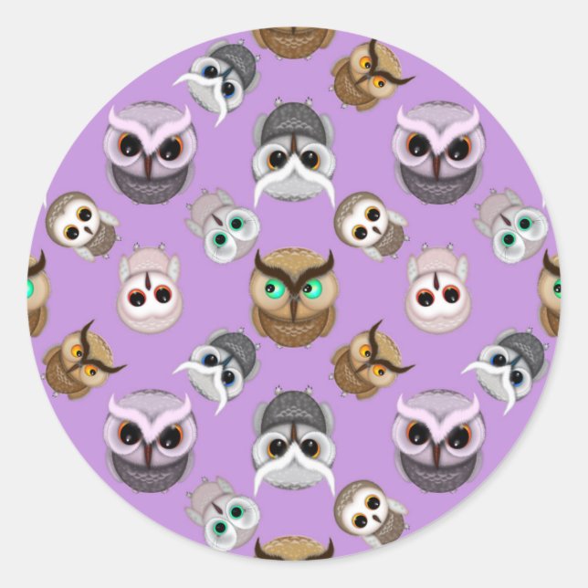 Cute Owl Illustration Pattern on Purple Background Classic Round Sticker (Front)
